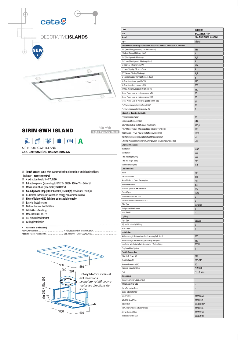 Page 1 de la notice Fiche technique CATA ISLA SIRIN 1000 GWH