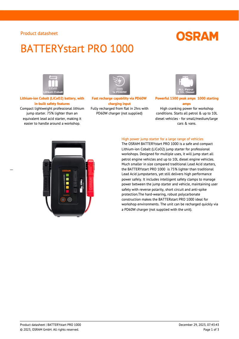 Page n°1 - Fiche technique Osram BATTERYstart PRO 1000
