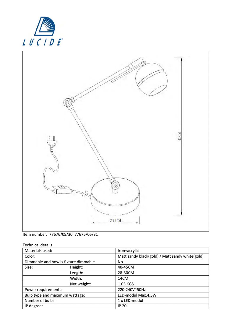 Page 1 de la notice Manuel utilisateur Lucide Binari 77676/05/31