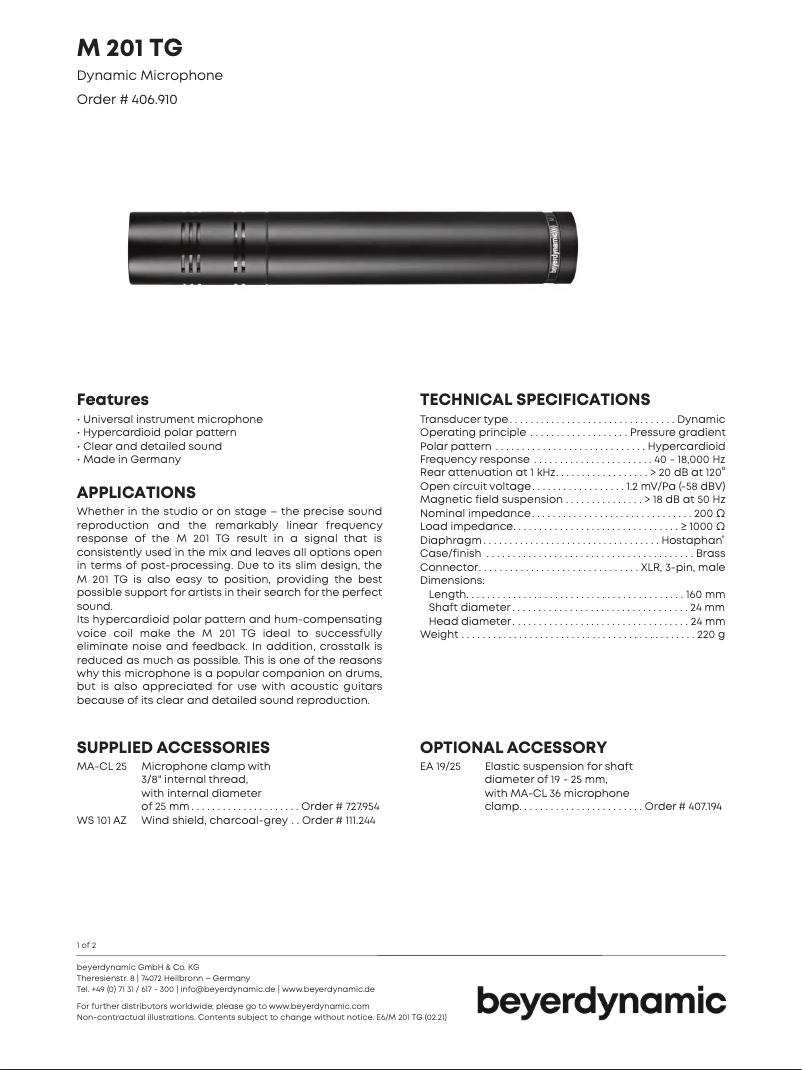 Page 1 de la notice Fiche technique Beyerdynamic M 201