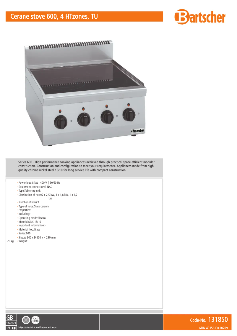 Page 1 de la notice Manuel utilisateur Bartscher 131850