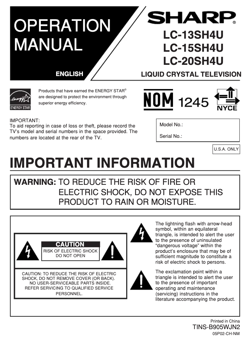 Page n°1 - Manuel utilisateur Sharp Aquos LC-20SH4U