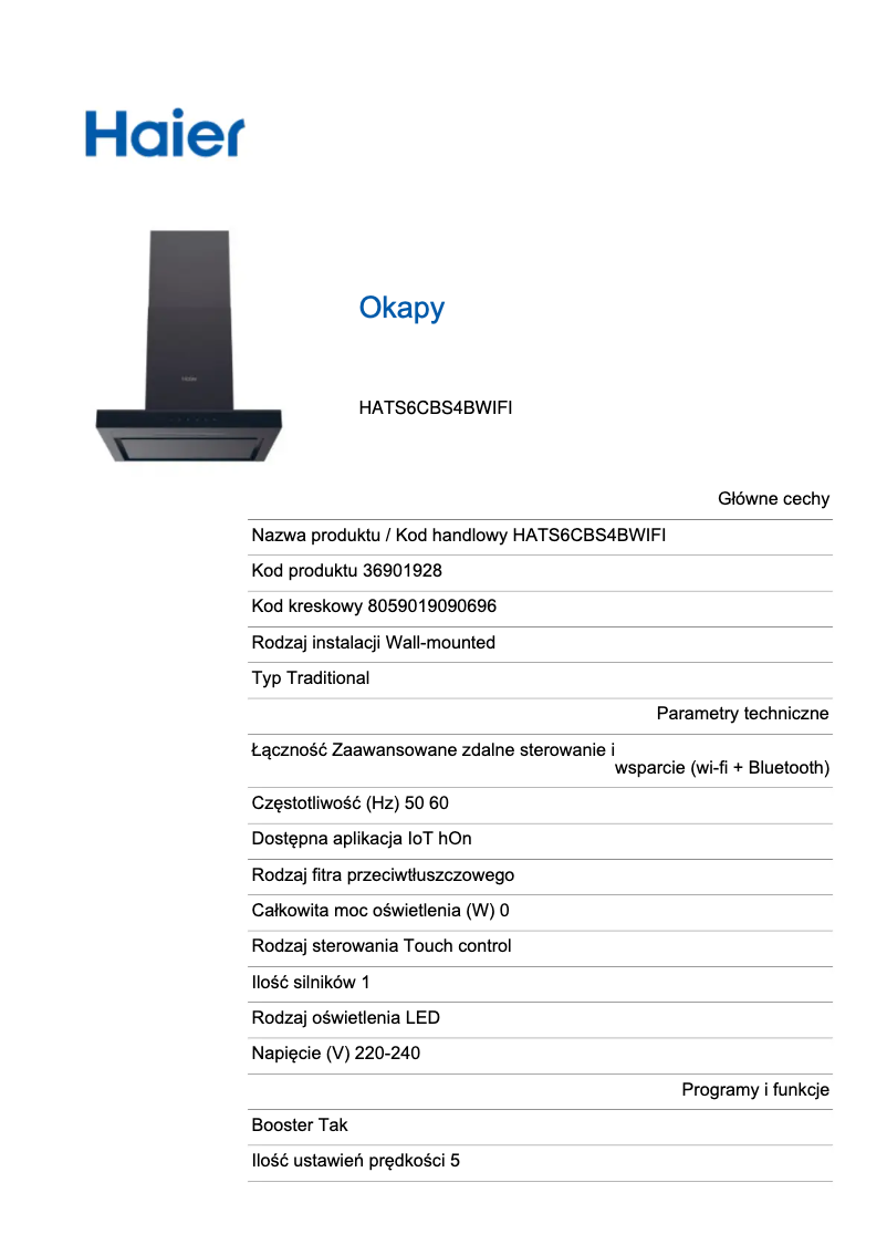 Page n°1 - Label énergétique Haier HATS6CBS4BWIFI