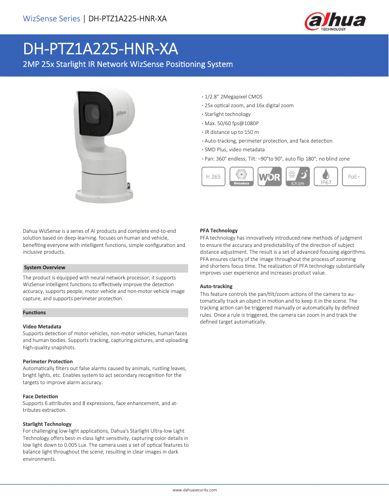 Page n°1 - Fiche technique Dahua Technology PTZ1A225-HNR-XA
