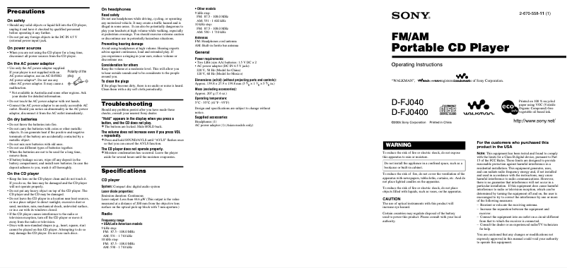 Image de la première page du manuel de l'appareil Walkman D-FJ040
