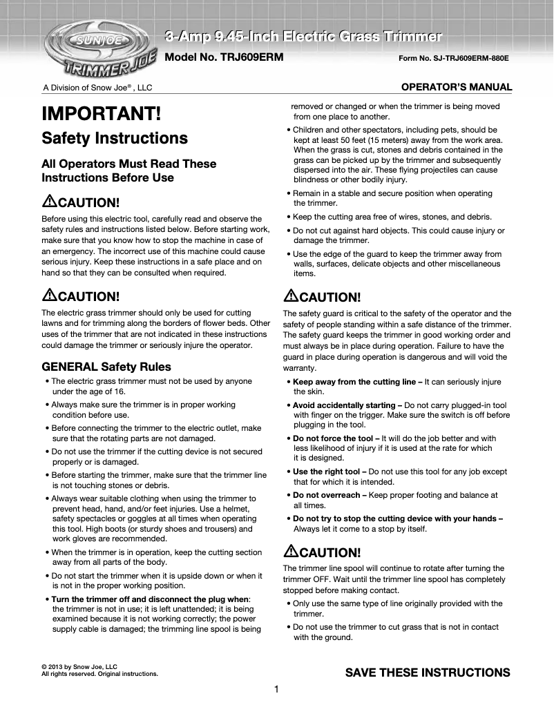 Page 1 de la notice Manuel utilisateur Sun Joe TRJ609E-RM