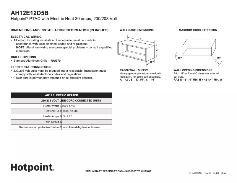 Page 1 de la notice Fiche technique Hotpoint AH12E12D5B