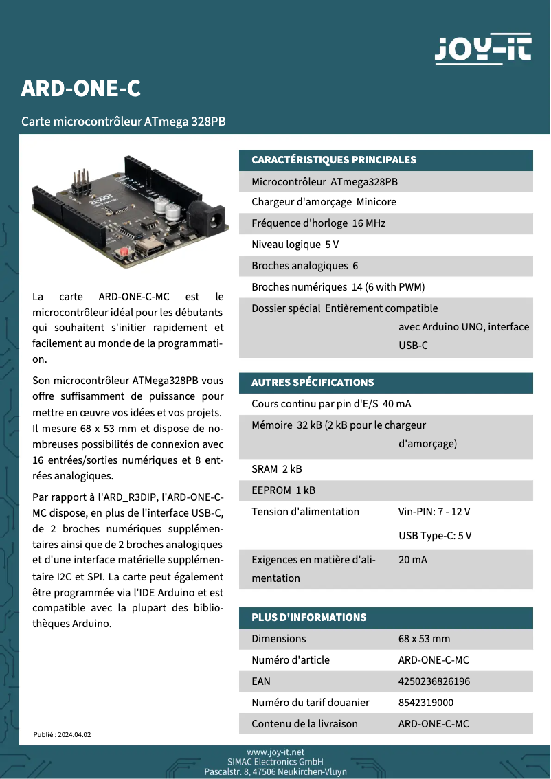 Página 1 del manual Ficha técnica Joy-It ARD-One-C-MC
