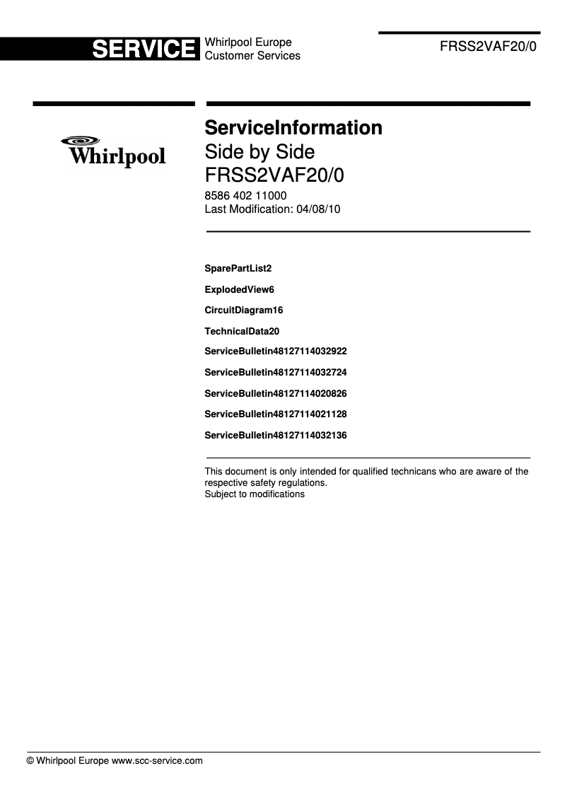 Page 1 de la notice Manuel utilisateur Whirlpool FRSS 2 VAF 20 2