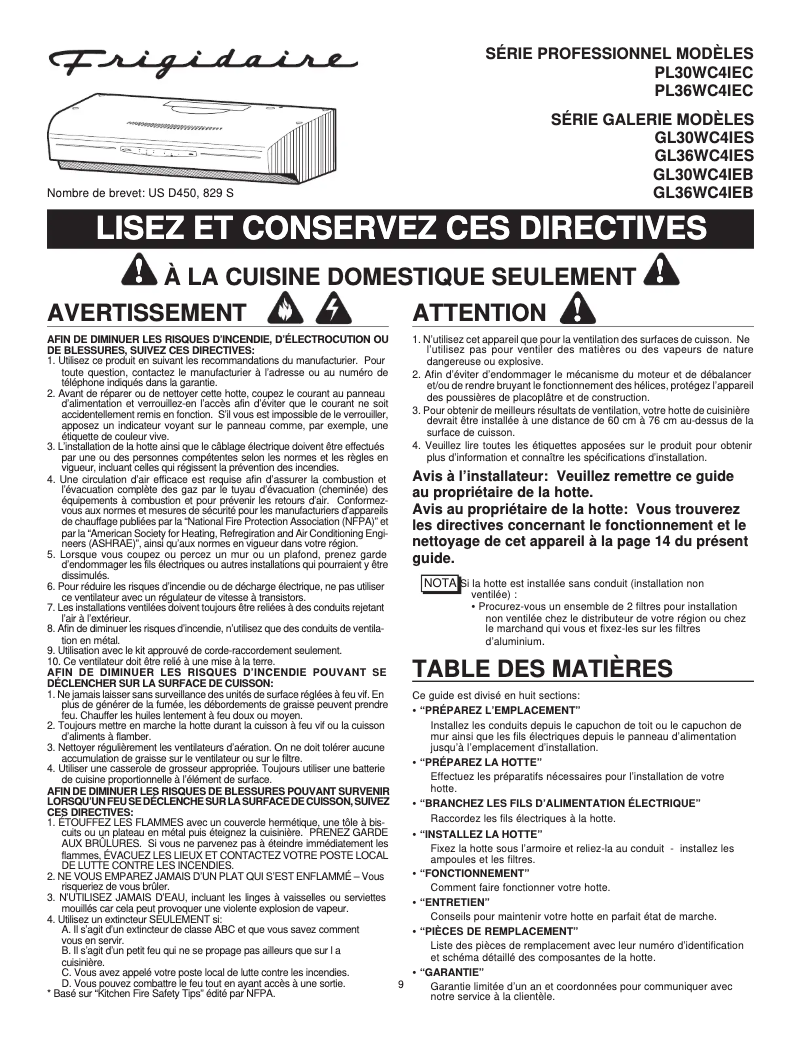 Page 1 de la notice Manuel utilisateur Frigidaire GL30WC41EB
