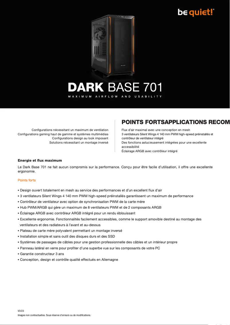 Page 1 de la notice Fiche technique Be Quiet! Dark Base 701
