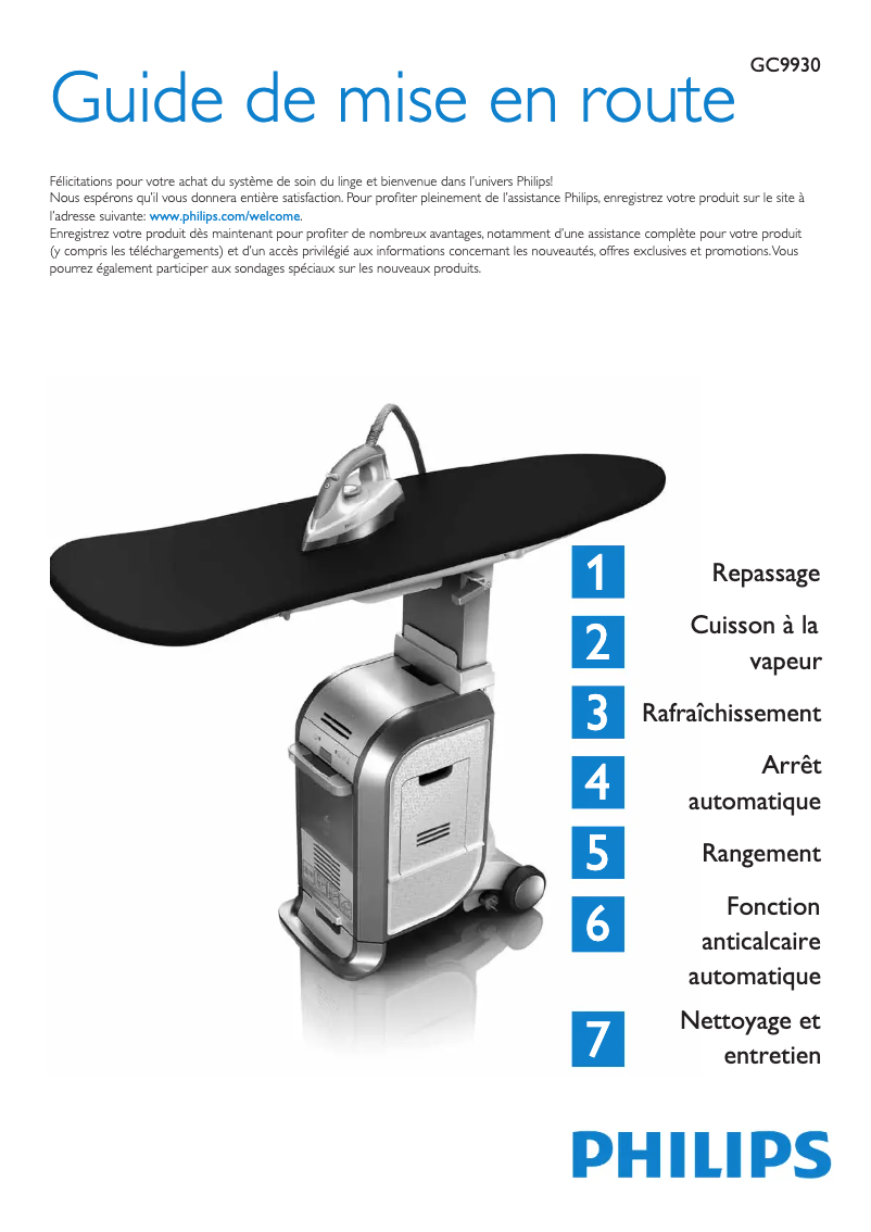 Page 1 de la notice Manuel utilisateur Philips WardrobeCare GC9930