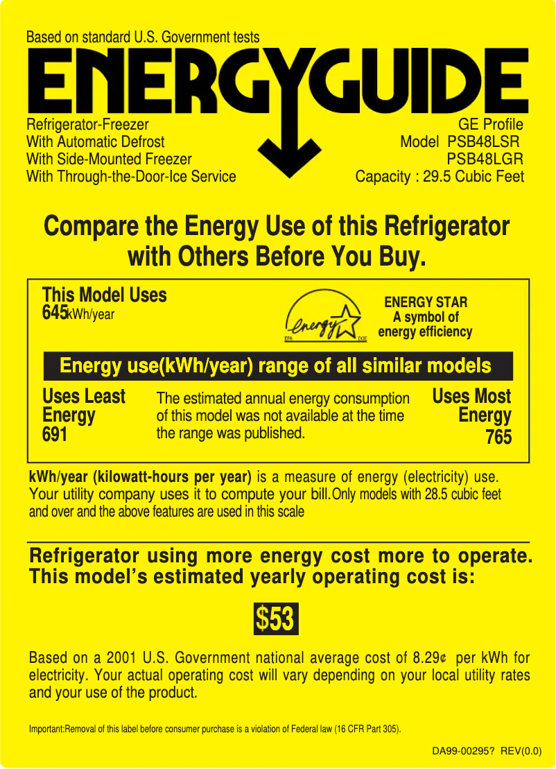 Página 1 del manual Etiqueta energética GE PSB48LGRWV