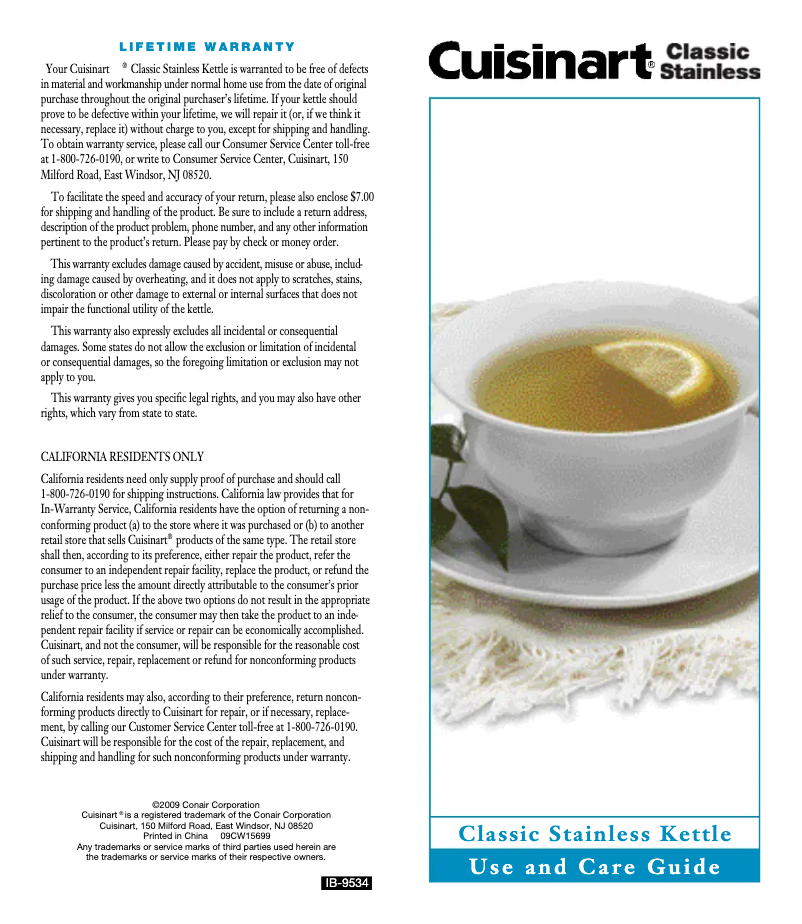 Page 1 de la notice Manuel utilisateur Cuisinart Classic CTK-15CLS