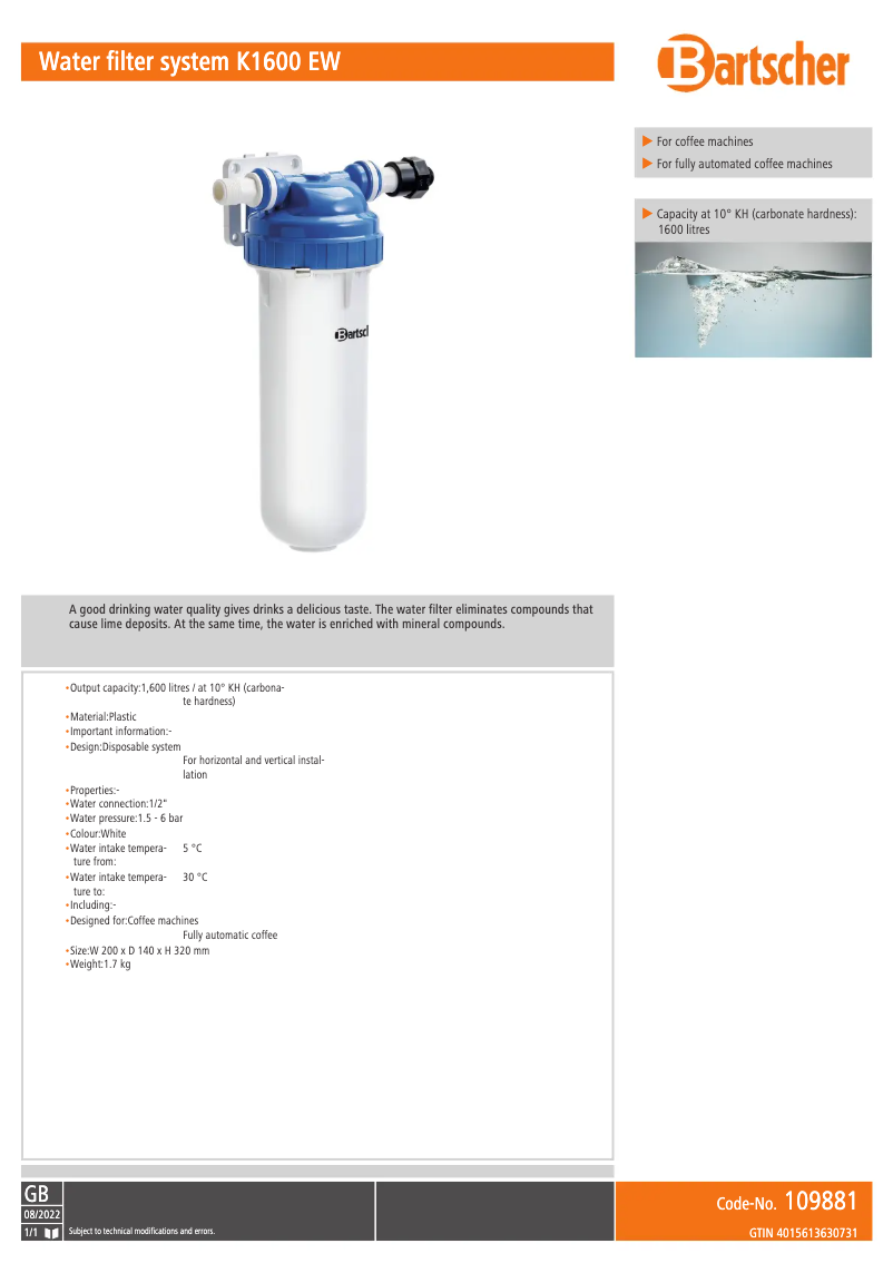 Page 1 de la notice Fiche technique Bartscher K1600 EW
