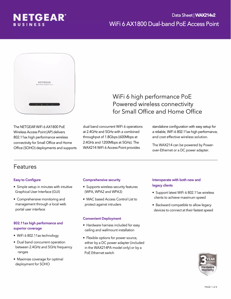 Page 1 de la notice Fiche technique Netgear WAX214PAv2