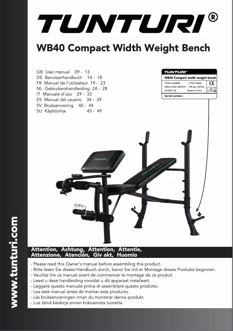 Page n°1 - Manuel utilisateur Tunturi WB40 Compact Width Weight Bench