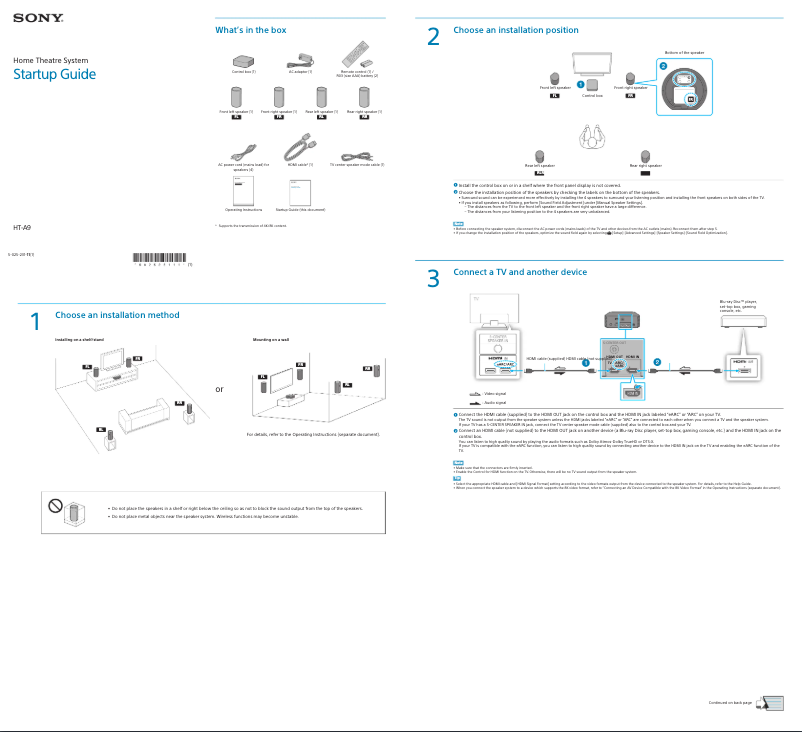 Page 1 de la notice Guide de démarrage rapide Sony HT-A9