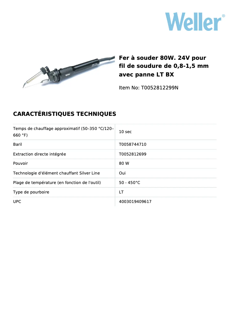 Page 1 de la notice Fiche technique Weller WSFP 8