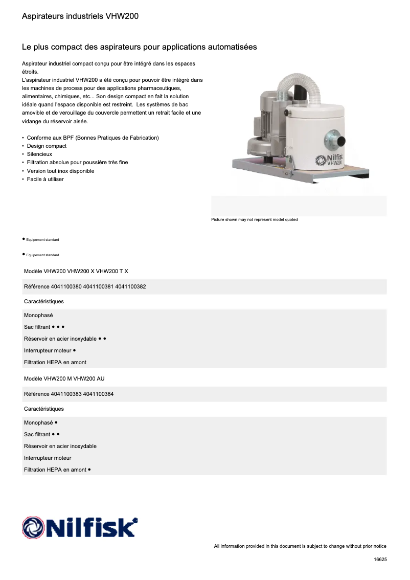 Page 1 de la notice Fiche technique Nilfisk VHW200