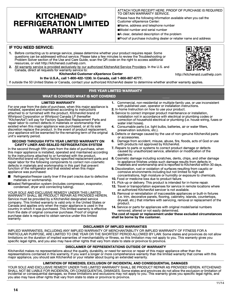 Page 1 de la notice Informations de garantie KitchenAid KUWR214KSB