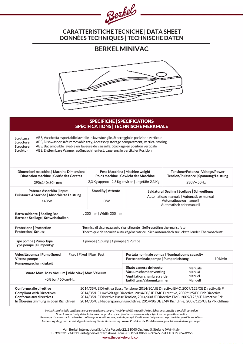 Page 1 de la notice Fiche technique Berkel MiniVac