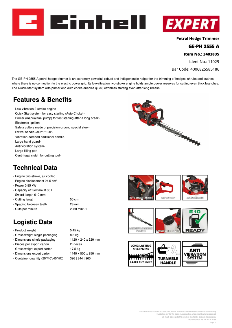 Página 1 del manual Ficha técnica Einhell GE-PH 2555 A