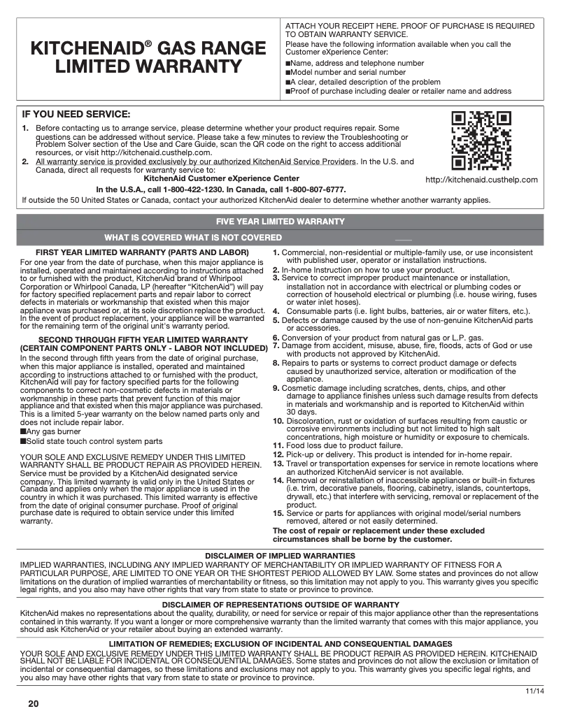 Page 1 de la notice Informations de garantie KitchenAid KFGG500EBS
