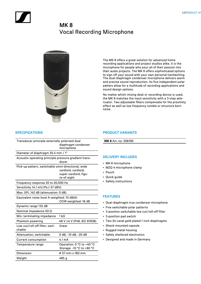 Page n°1 - Fiche technique Sennheiser MK 8