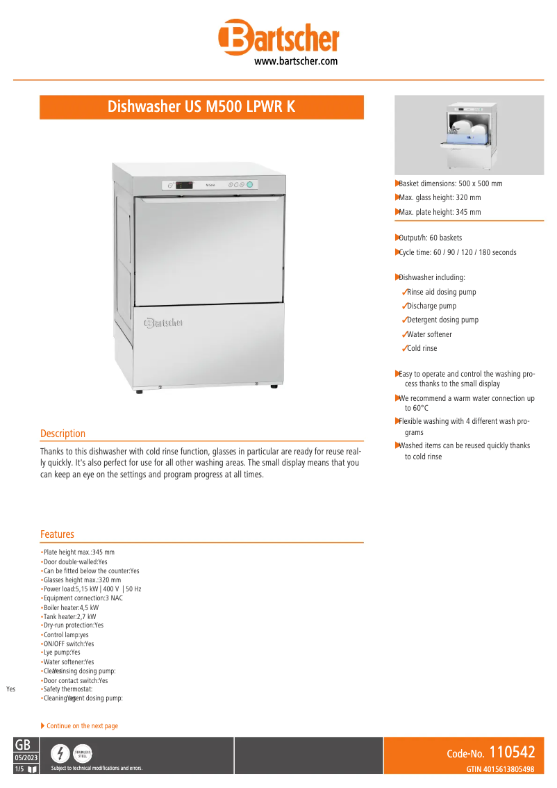 Page n°1 - Fiche technique Bartscher US M500 LPWR K
