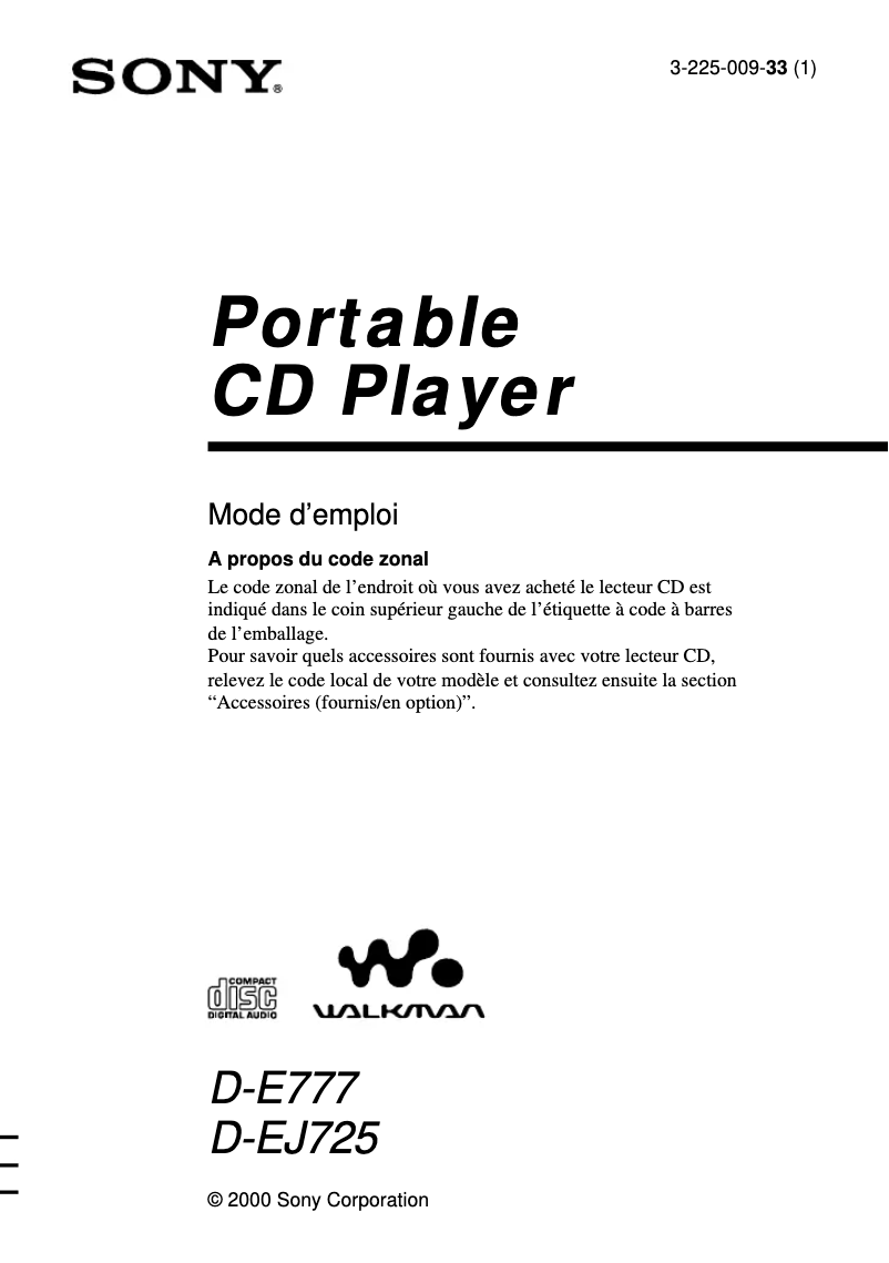 Image de la première page du manuel de l'appareil Discman D-EJ725