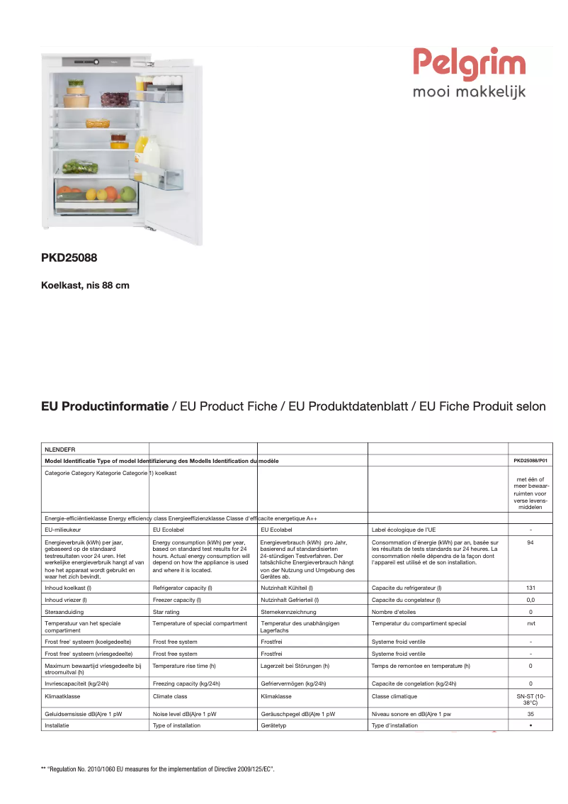 Page 1 de la notice Fiche technique Pelgrim PKD25088