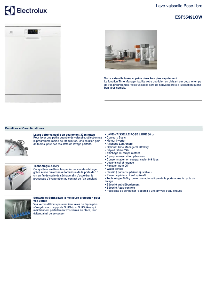 Page 1 de la notice Fiche technique Electrolux ESF5549LOW