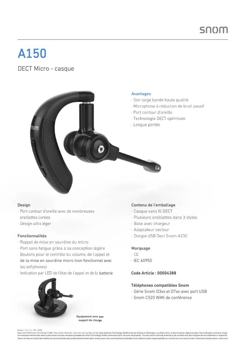 Page 1 of the manual Technical Sheet Snom A150