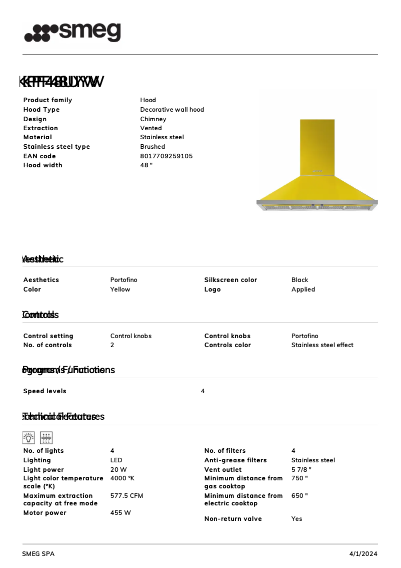 Page n°1 - Fiche technique Smeg KPF48UYW