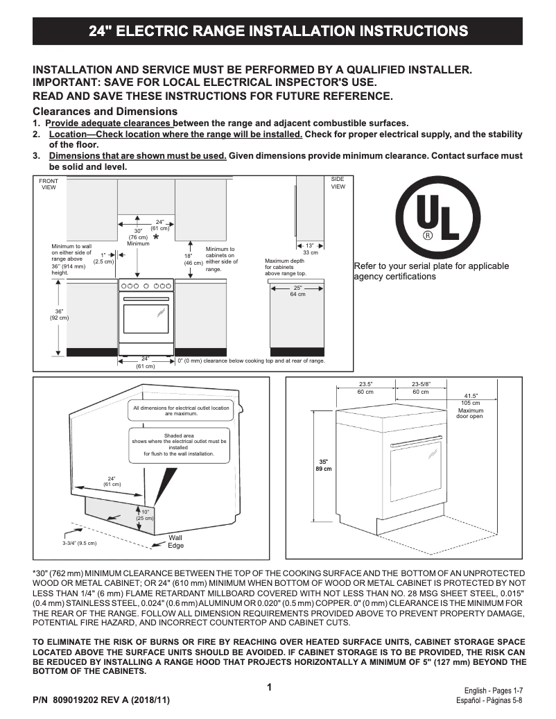 Page 1 de la notice Guide d'installation Frigidaire FFEH2422US