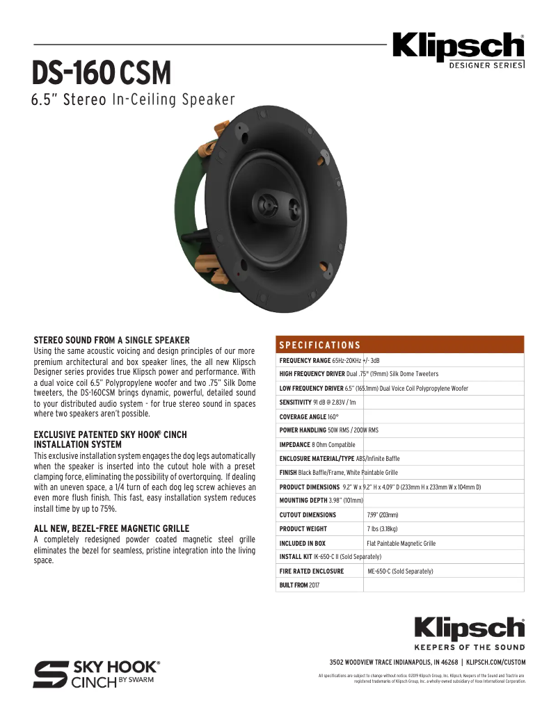 Page n°1 - Fiche technique Klipsch DS-160CSM