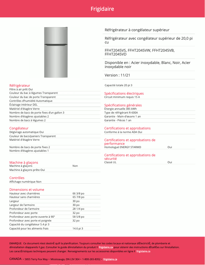 Page n°1 - Fiche technique Frigidaire FFHT2045VS
