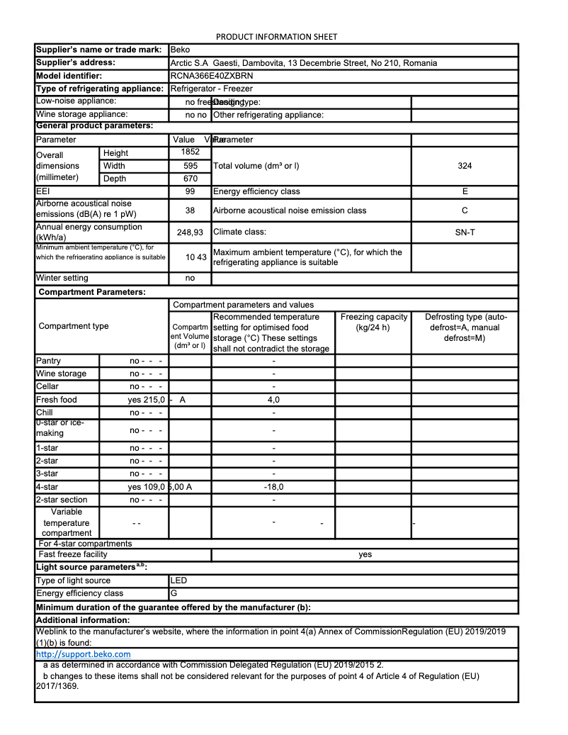 Page 1 de la notice Fiche technique Beko RCNA366E40ZXBRN
