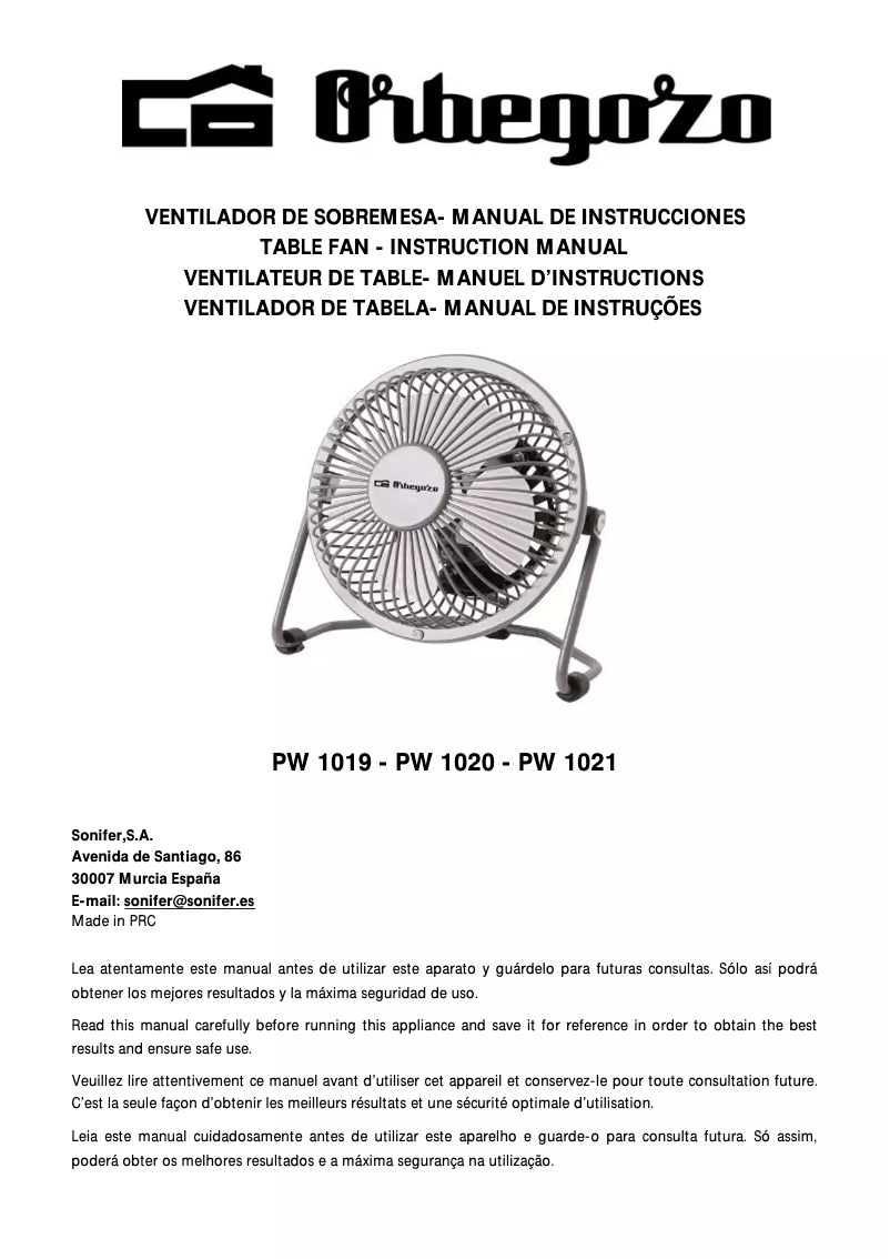 Page n°1 - Manuel utilisateur Orbegozo PW 1020