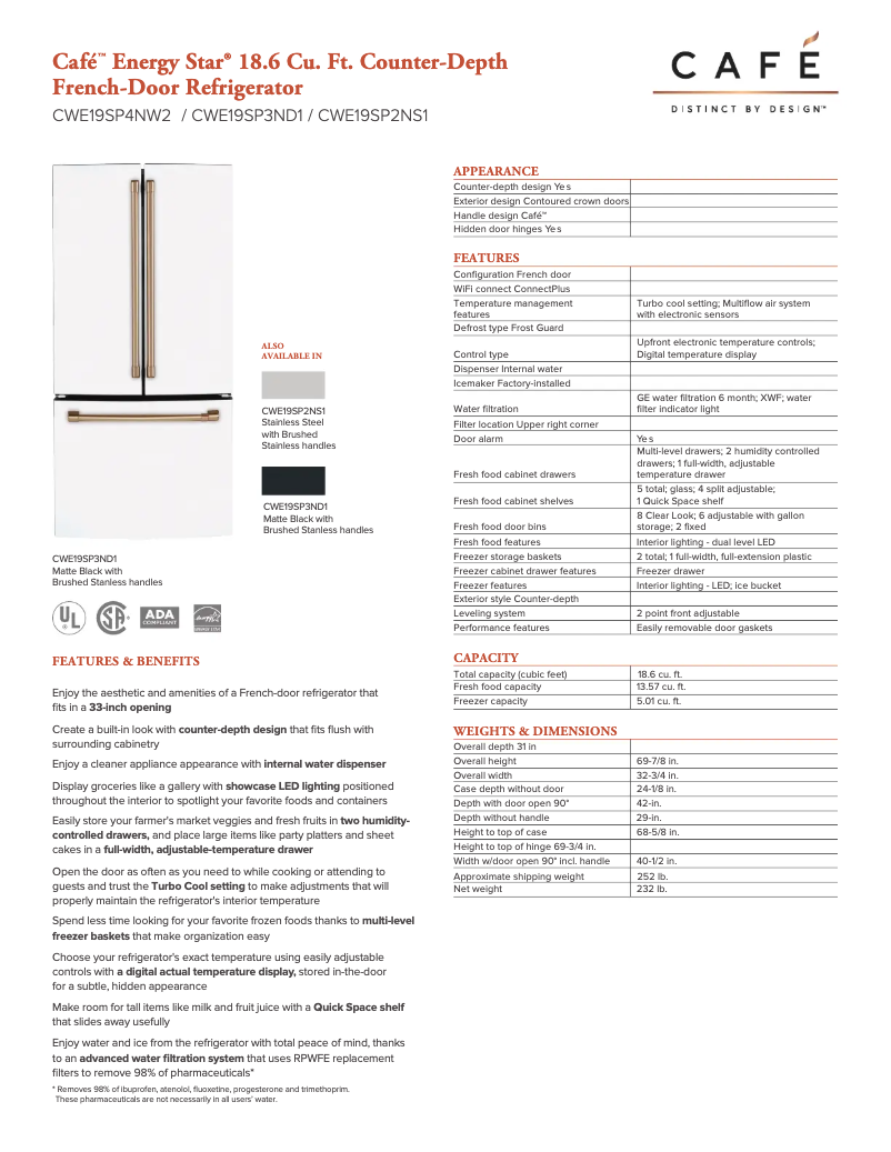 Page 1 de la notice Fiche technique GE CWE19SP4NW2