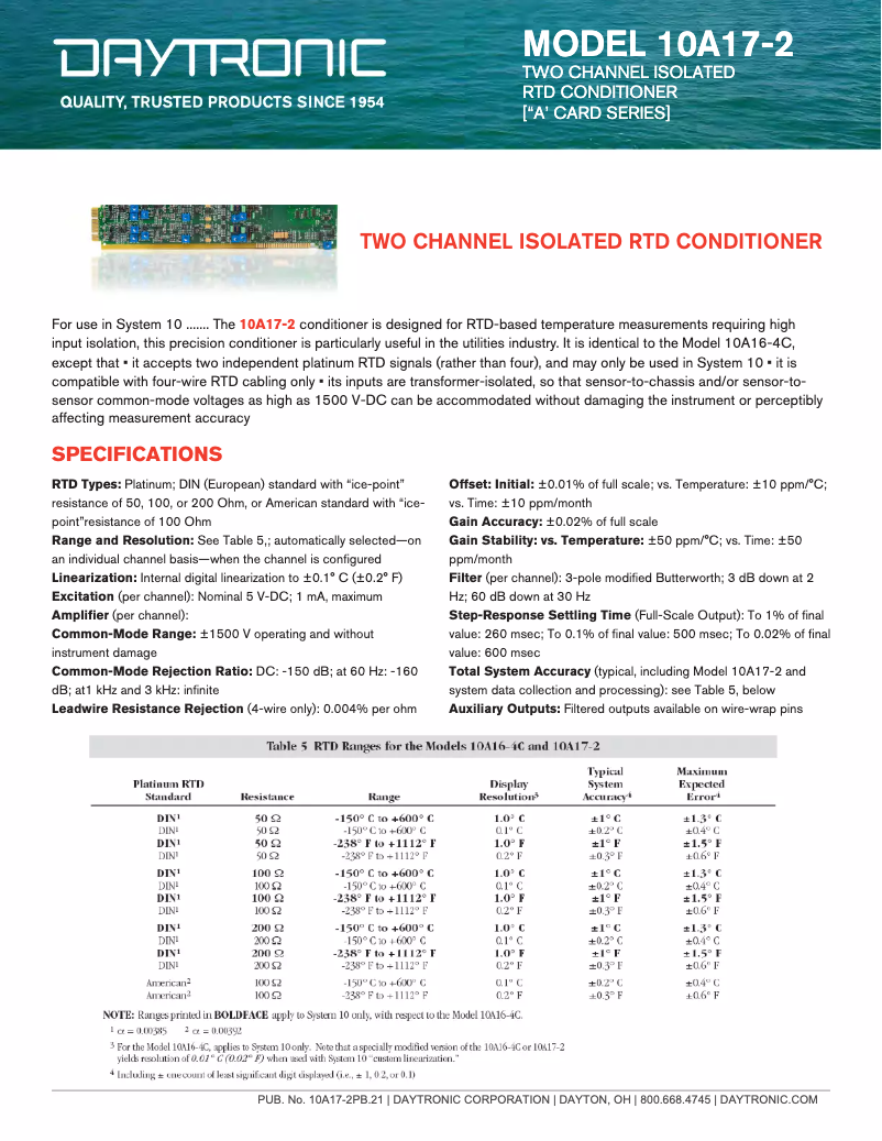 Page 1 de la notice Fiche technique Daytronic 10A17-2