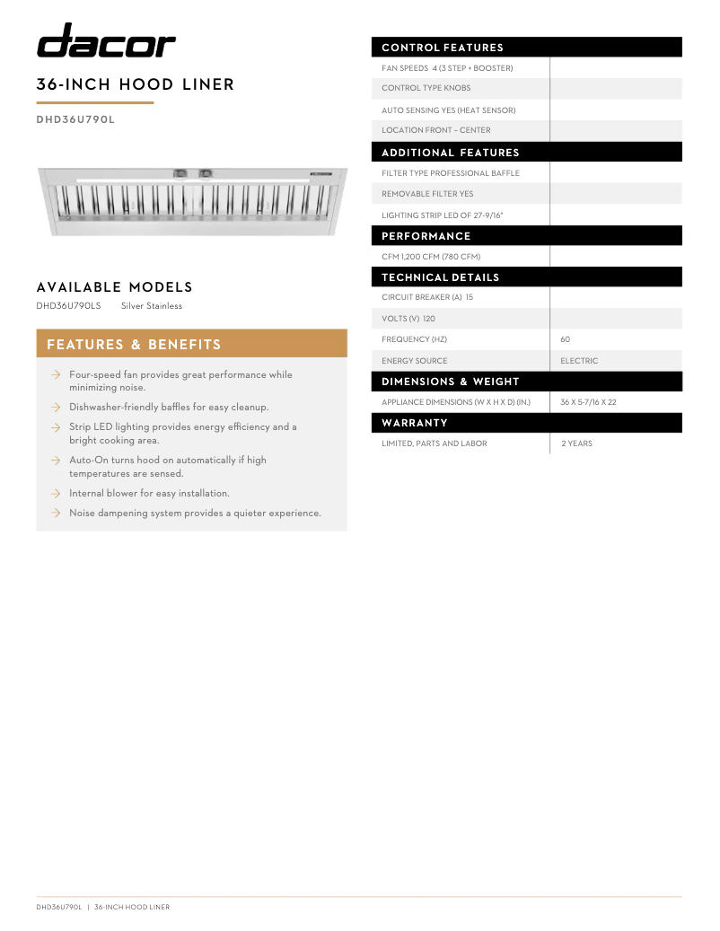 Page 1 de la notice Fiche technique Dacor DHD36U790LS