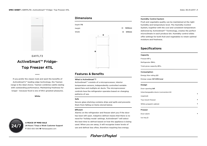 Page 1 de la notice Fiche technique Fisher & Paykel E411TLT3
