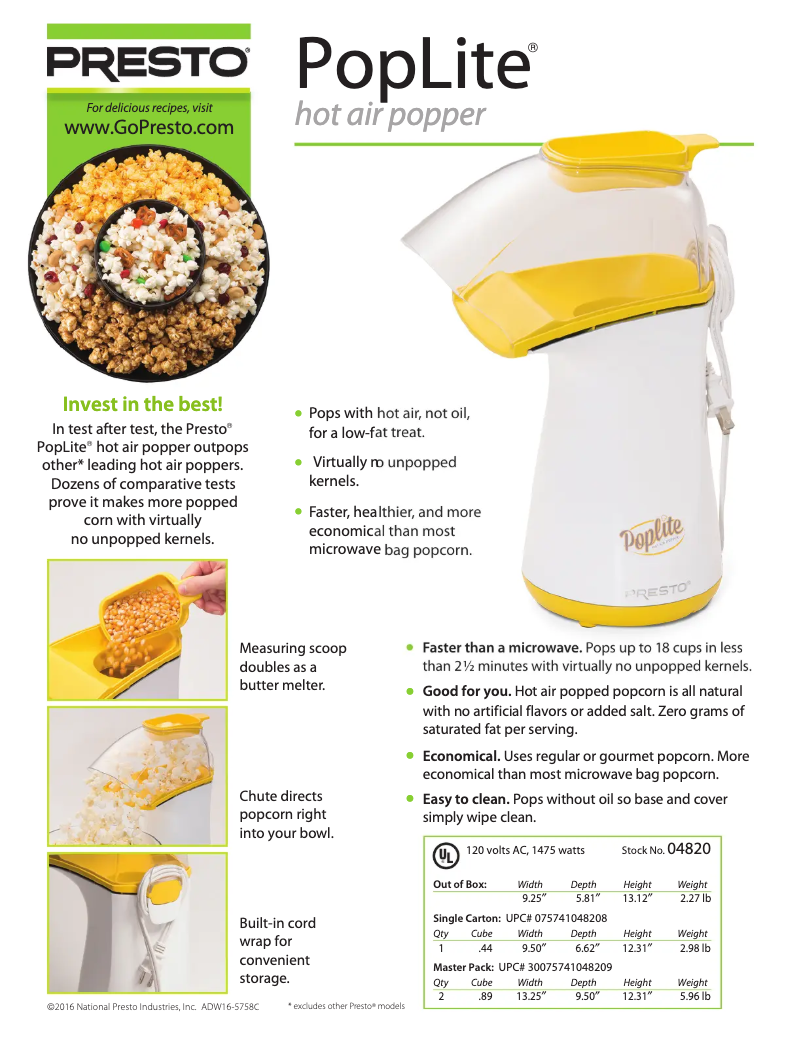 Page n°1 - Fiche technique Presto Hot Air Popper 04820