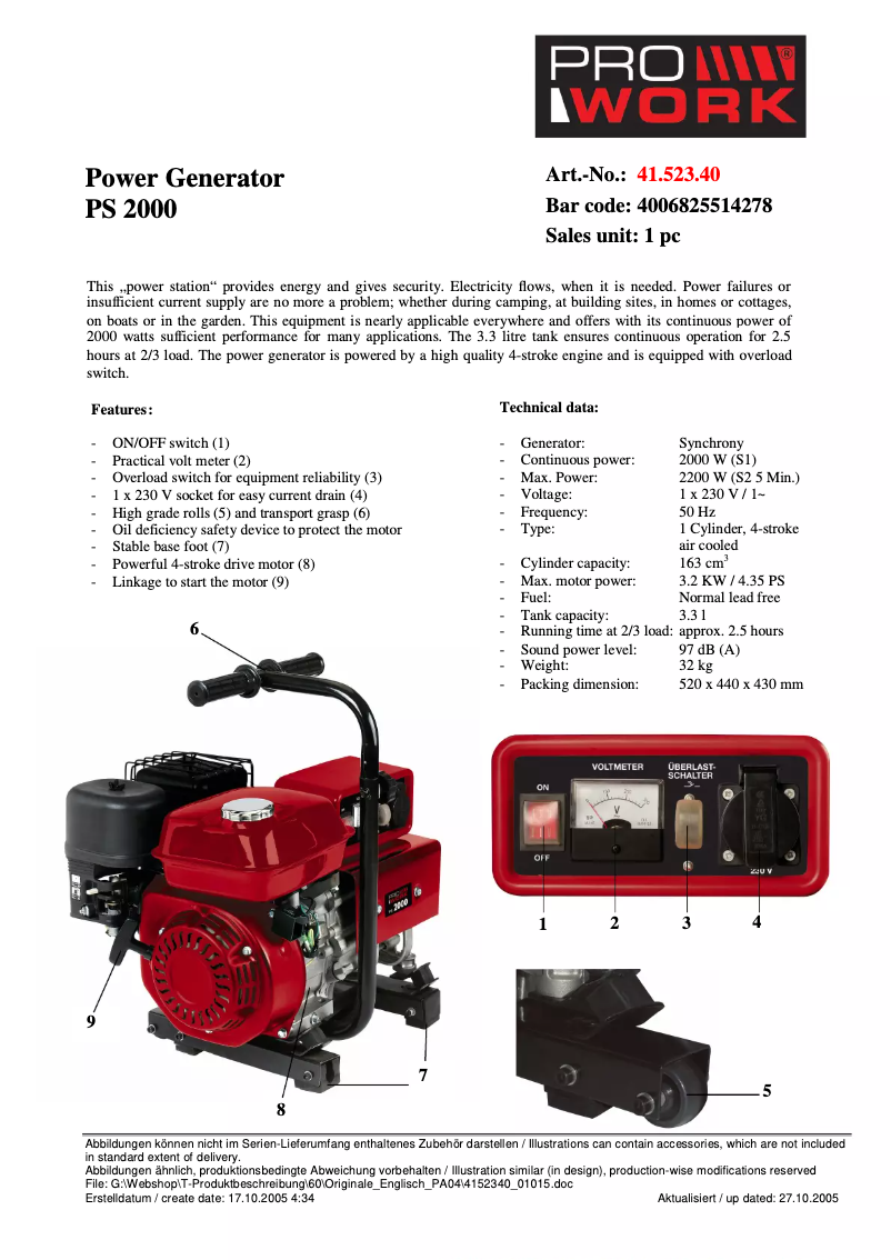 Page 1 de la notice Manuel utilisateur Prowork PS 2000