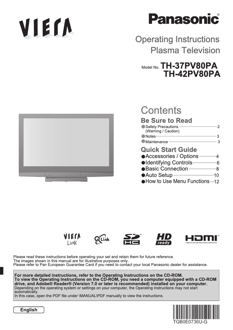 Page 1 of the manual User Manual Panasonic Viera TH-37PV80PA