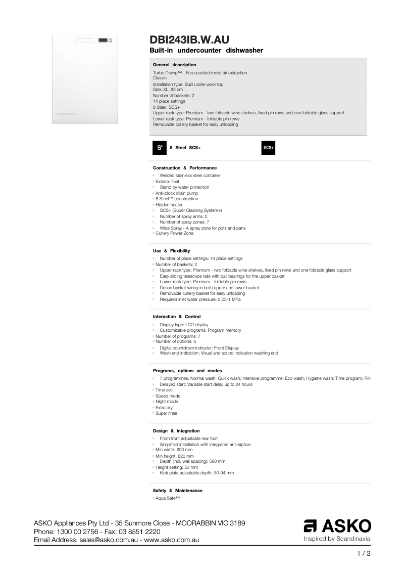 Page n°1 - Fiche technique Asko DBI243IB.W.AU