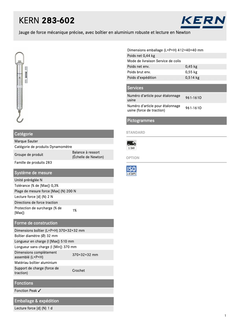 Page 1 de la notice Fiche technique Kern 283-602