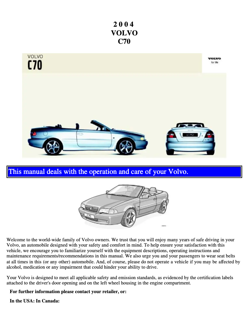 Page 1 de la notice Manuel utilisateur Volvo C70 (2004)